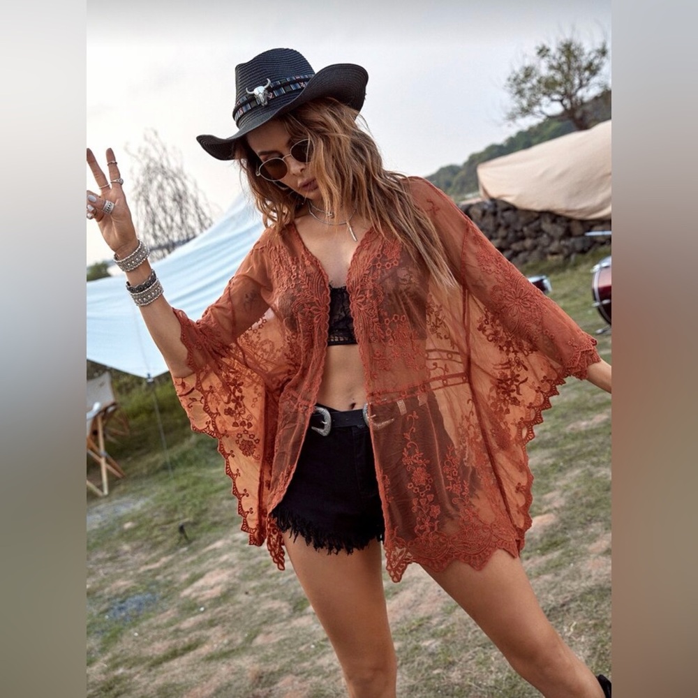 Scallop Hem Embroidery  Mesh Kimono